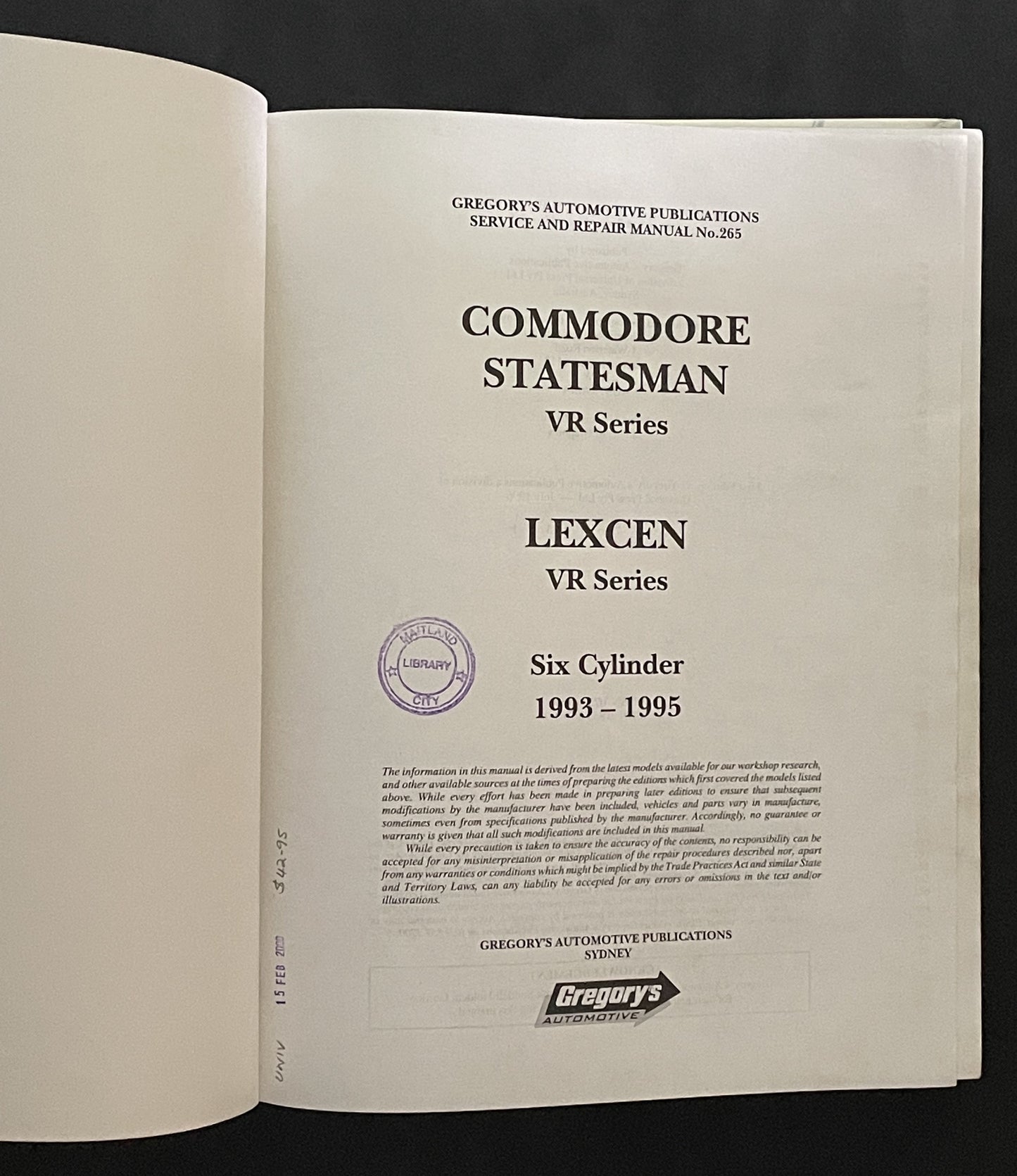 Commodore Lexcen V6 1993 - 1995 service and repair manual