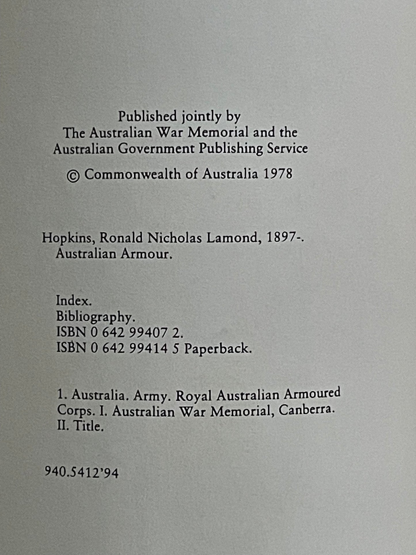AUSTRALIAN ARMOUR by MAJOR-GENERAL R. N. L. HOPKINS, C.B.E.