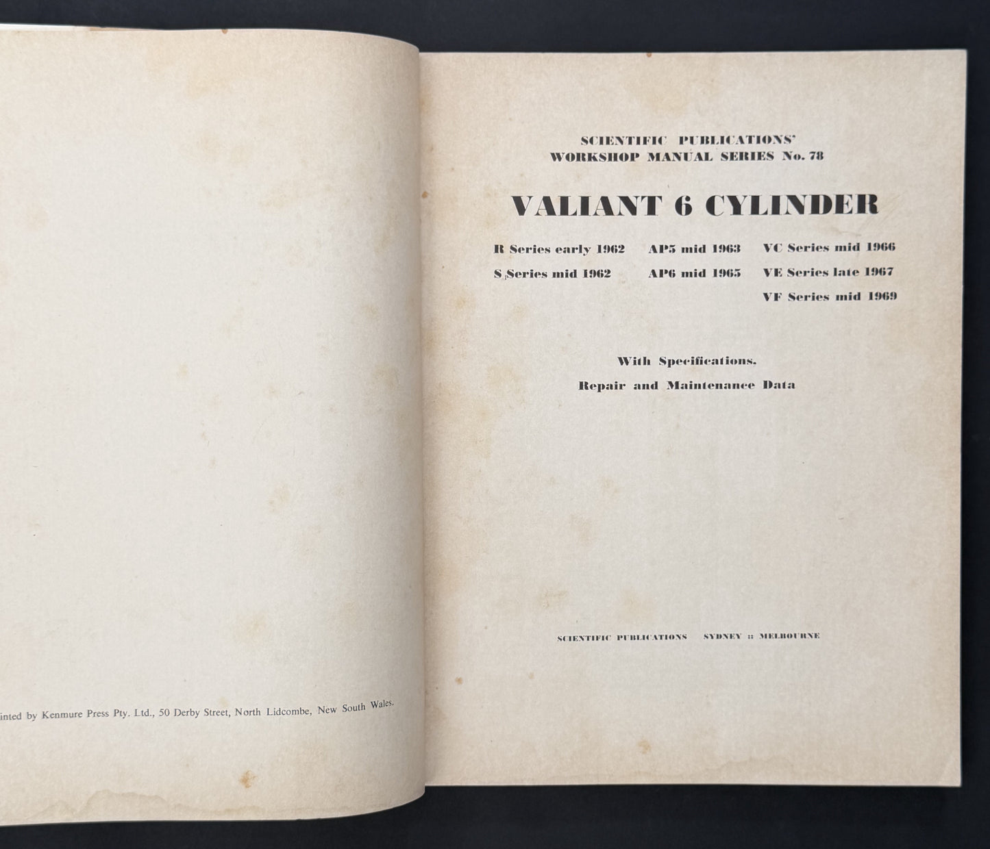 Scientific Publications Workshop Manual Series No 78 Valiant 6 Cylinder by Scientific Publications