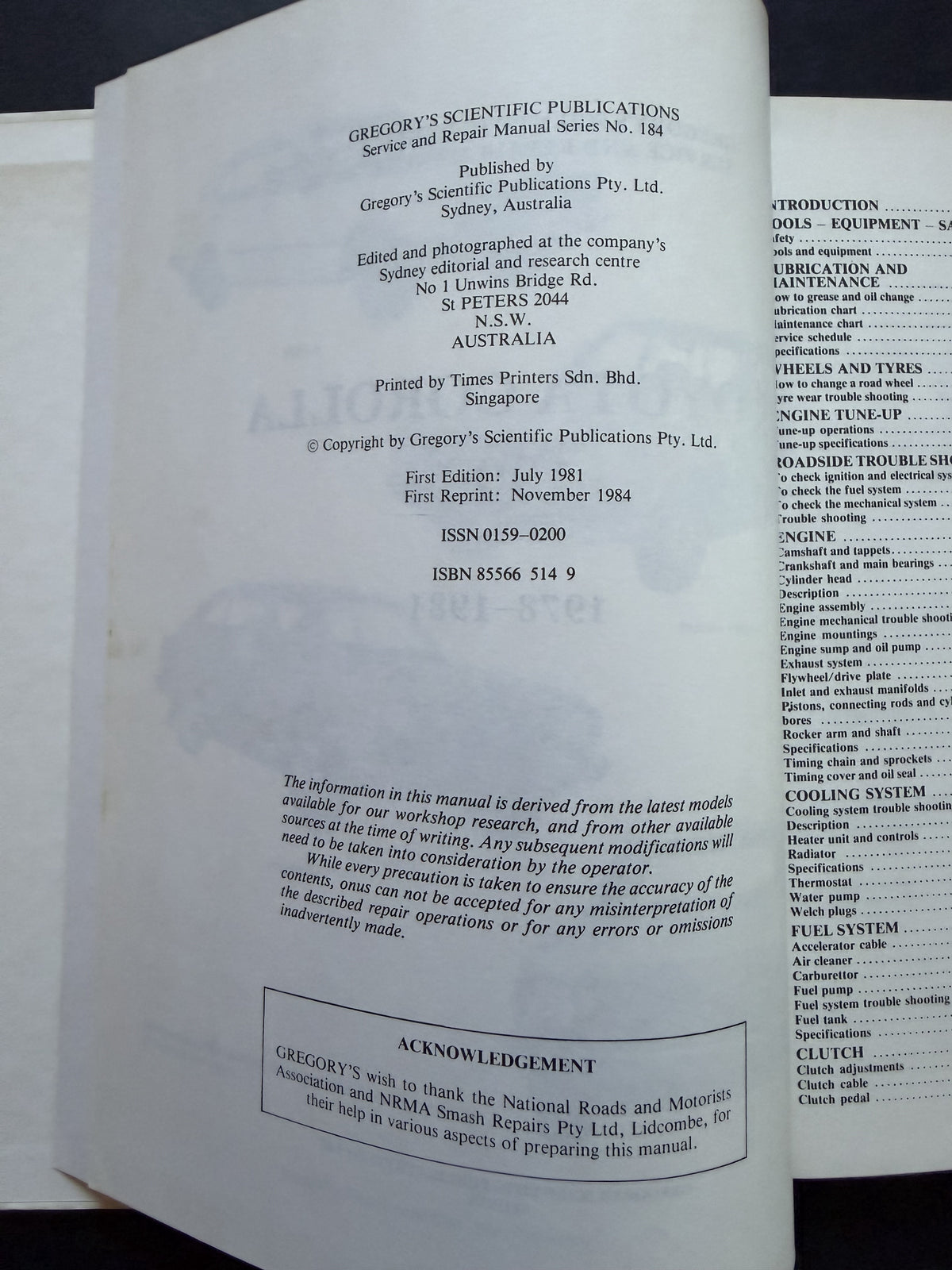 Corolla 1300 KE 55 Series Service and Repair Manual by Gregory's Scientific Publications