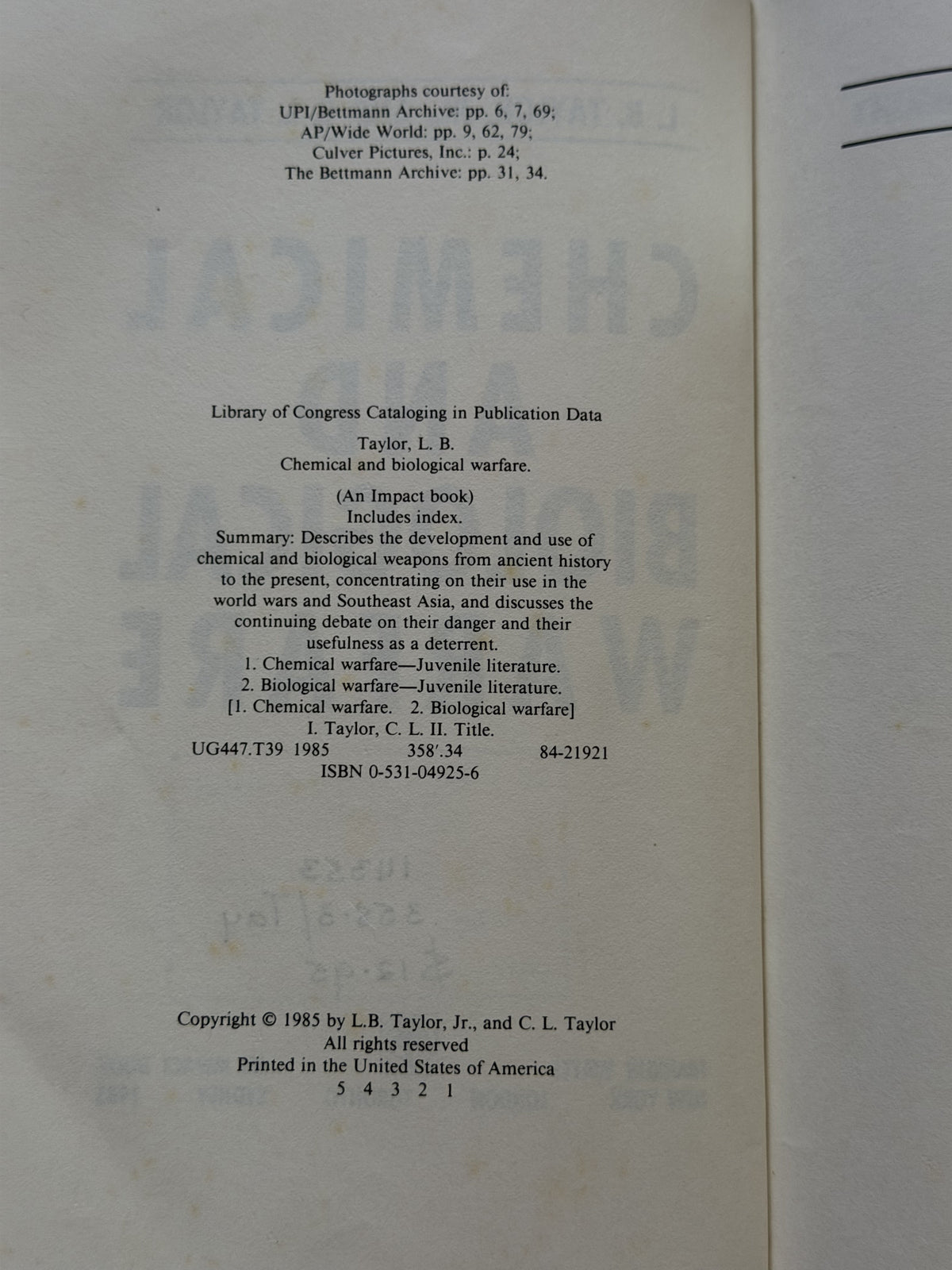 Chemical and Biological Warfare by L. B. Taylor, C. L. Taylor