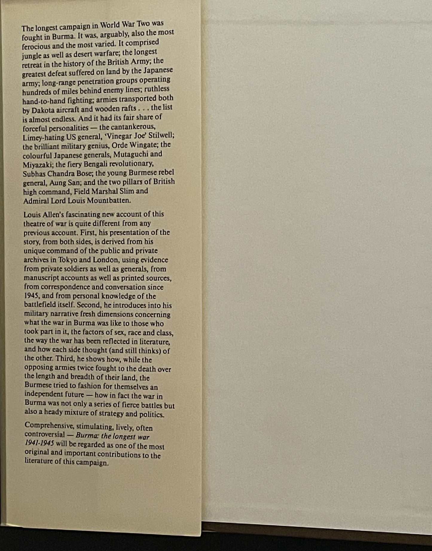 BURMA THE LONGEST WAR 1941-45 by LOUIS ALLEN