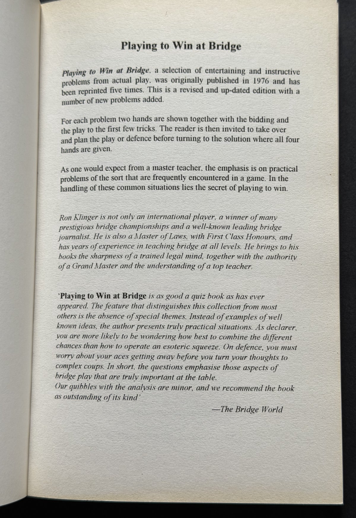 Playing to Win at Bridge by Ron Klinger