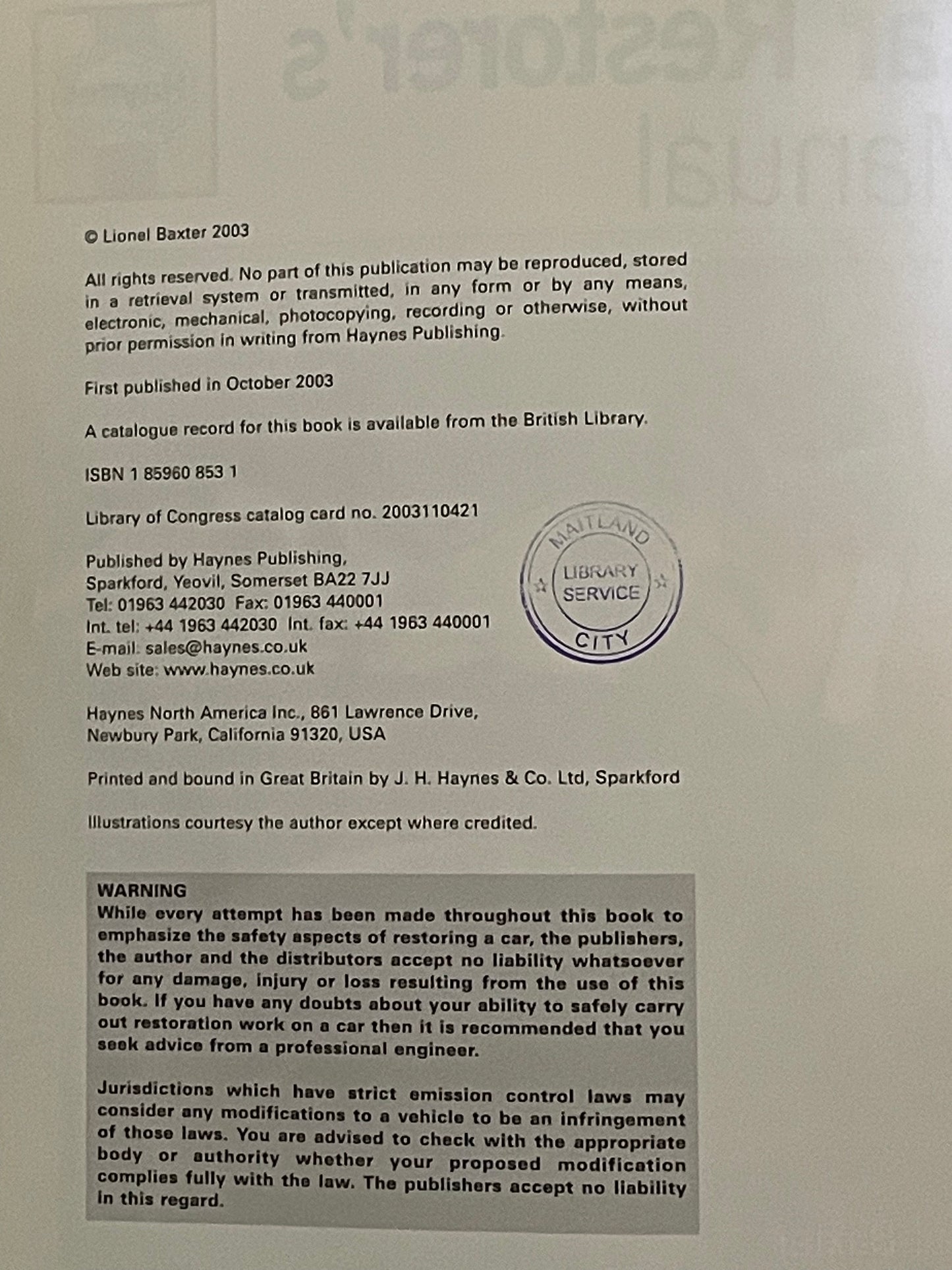 Haynes Car Restorer's Manual by Lionel Baxter