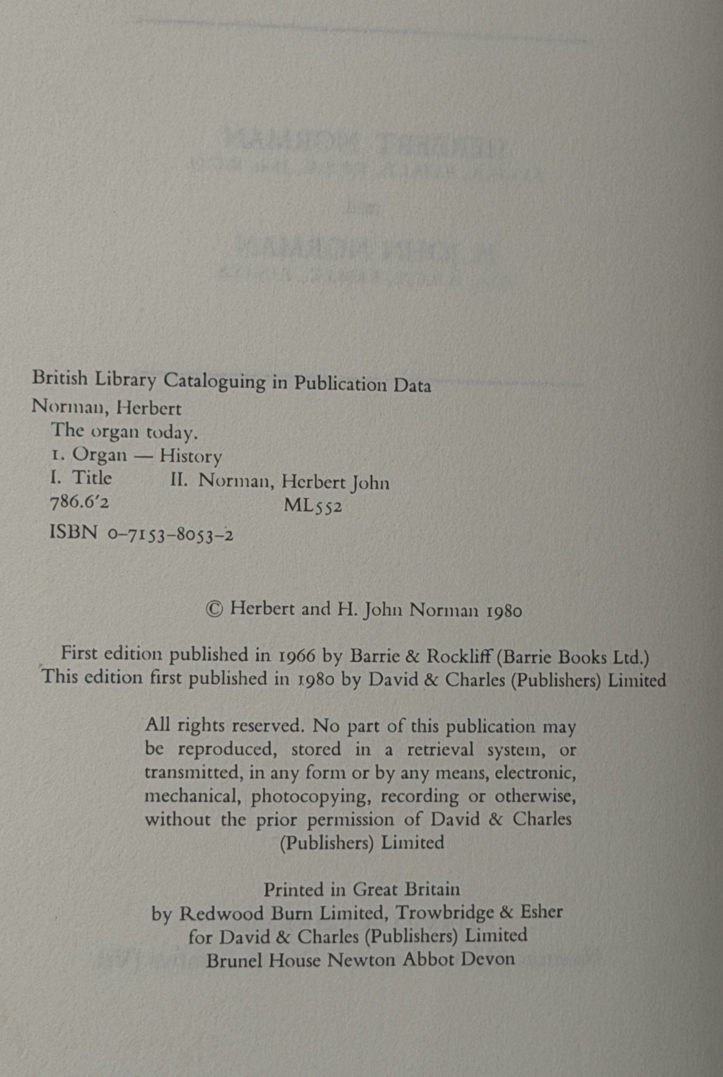 The Organ Today by Herbert Norman & H. John Norman