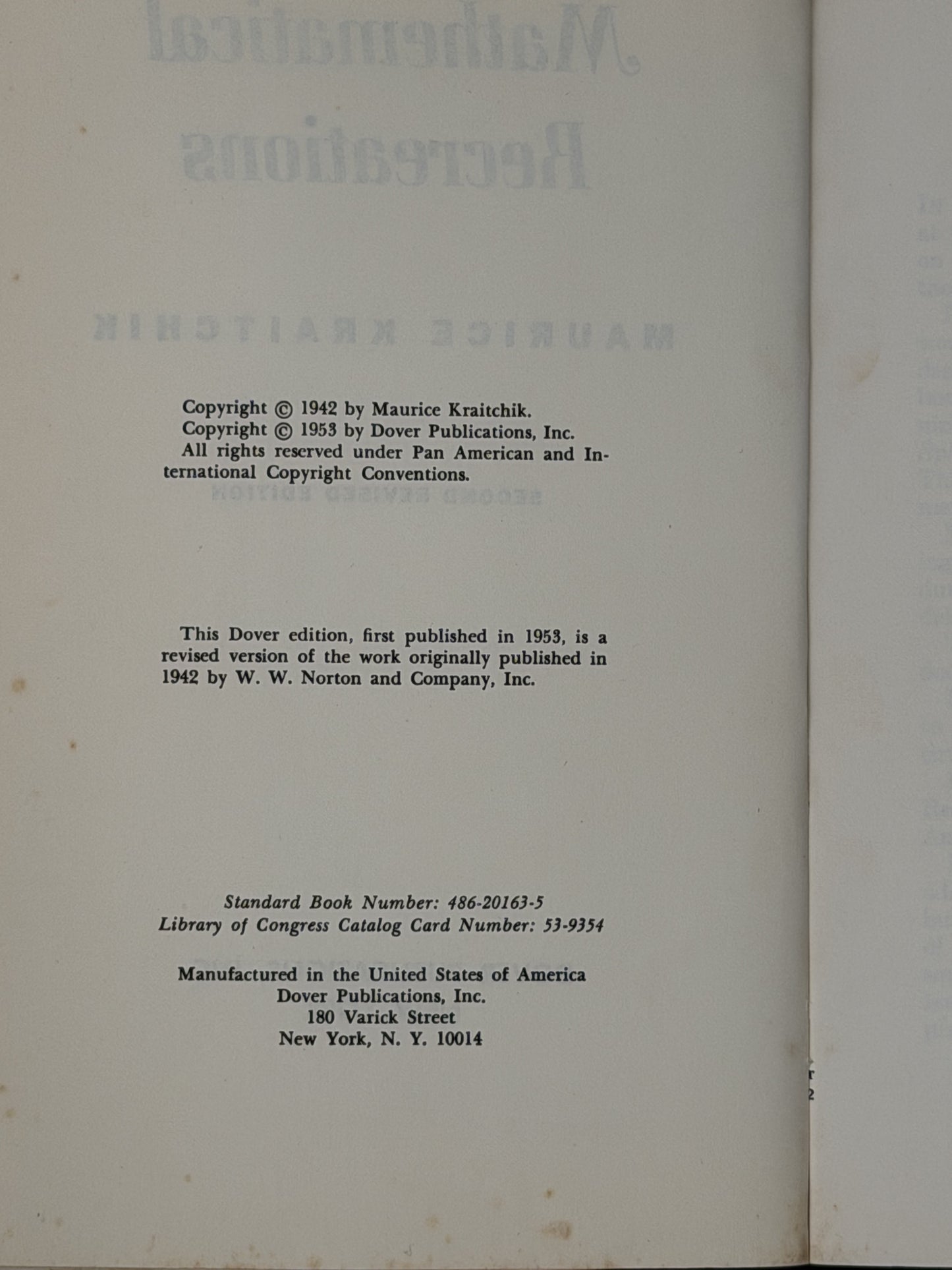 CHECK Mathematical Recreations by Maurice Kraitchik